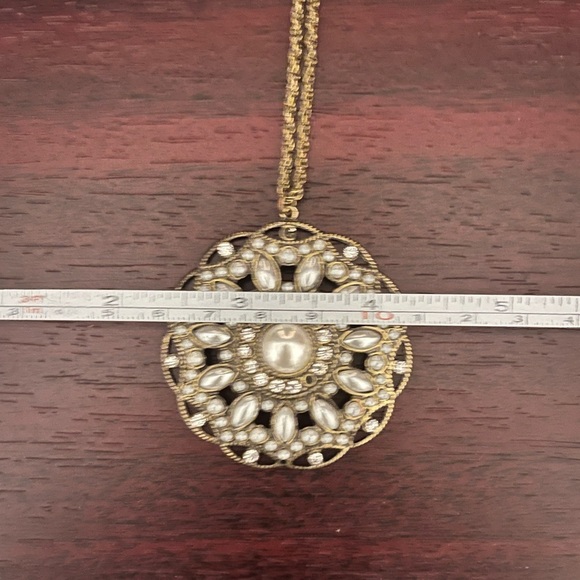 Ornate Antique Gold/Brass Necklace w/ Pearl Accents - Picture 9 of 10